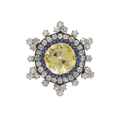 Early 20th century yellow sapphire, sapphire and diamond cluster brooch, c.1910, centred by an 11.90ct Ceylon yellow sapphire of old square cushion cut and lemony-yellow hue,